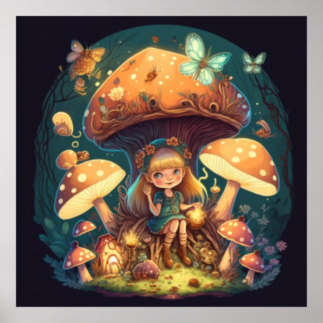 Poster Little girl elve among mushrooms (Frente)