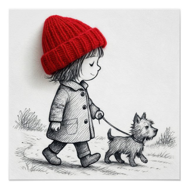 Pôster Little Girl In 3-D Red Hat Walking Her Dog (Frente)