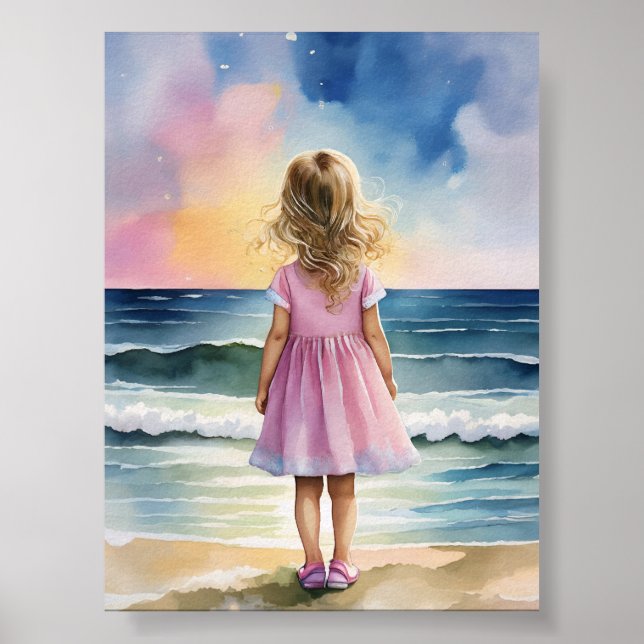 Poster Little Girl on Beach Watercolor Wall Art (Frente)