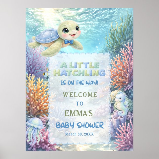 Poster Little Hatchling Sea Turtle Baby Shower Welcome (Frente)