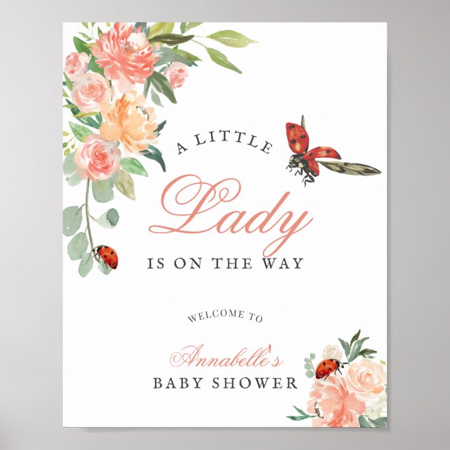 Poster Little Lady Ladybug Roses Girl Baby Shower (Frente)