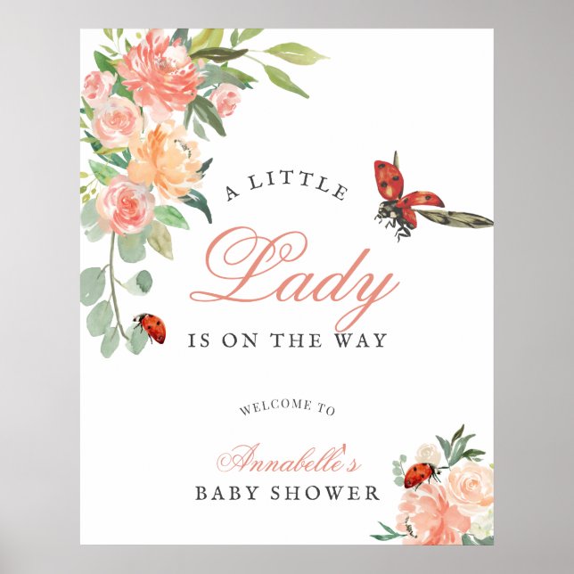 Poster Little Lady Ladybug Roses Girl Baby Shower Welcome (Frente)