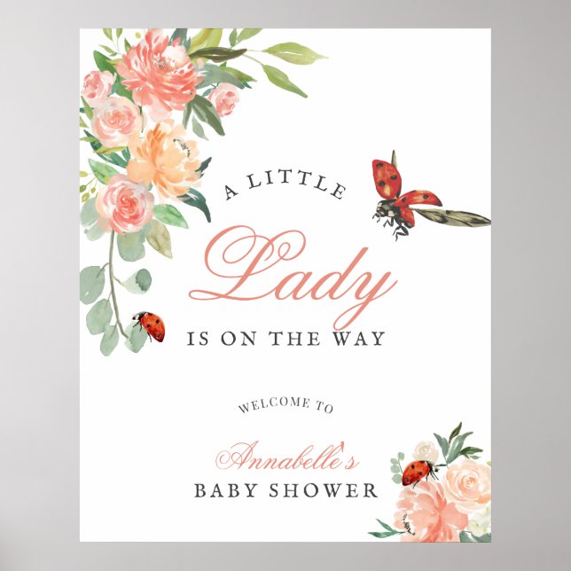 Poster Little Lady Ladybug Roses Girl Baby Shower Welcome (Frente)