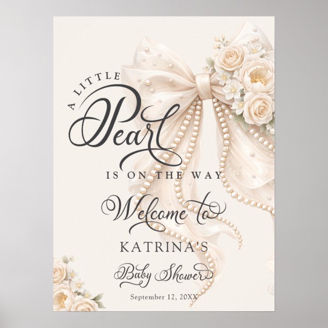 Poster Little Pearl Bow Floral Baby Shower Welcome (Frente)