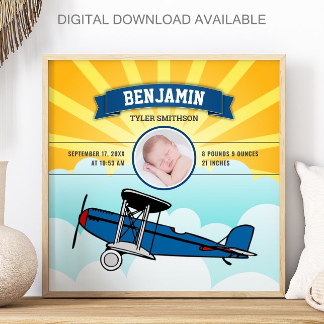 Poster Little Pilot Blue Airplane Baby Photo Birth Stats (Criador carregado)
