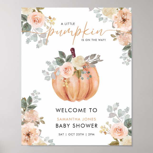 Poster Little Pumpkin Floral Baby Shower Welcome Sign (Frente)
