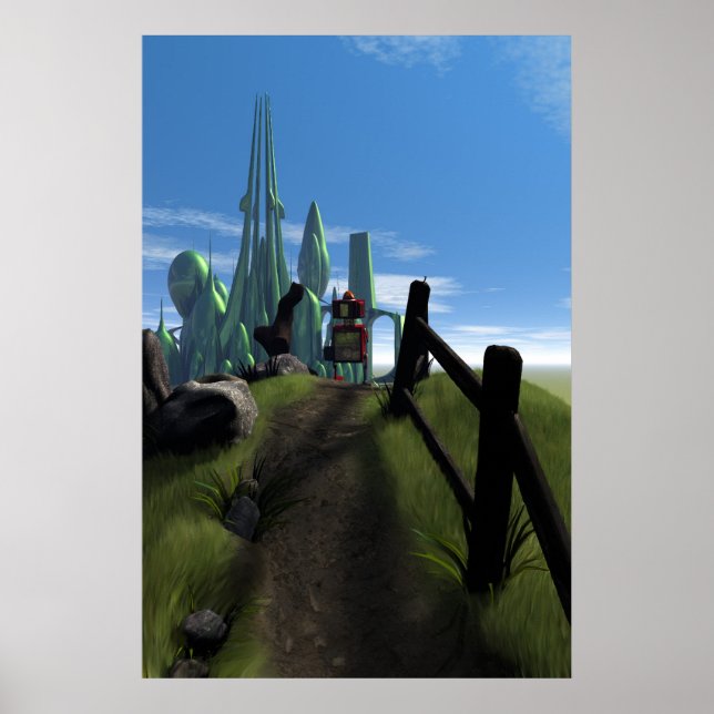 Poster Little Red Robot Walking Over a Hill Print (Frente)