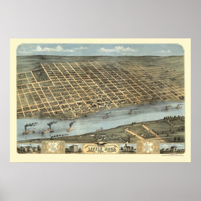 Poster Little Rock, Mapa Panorâmico do Arkansas - 1871 (Frente)