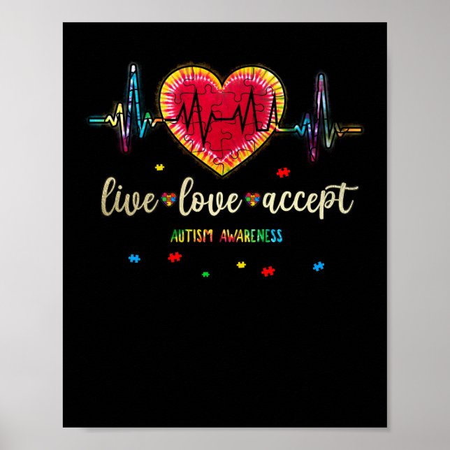 Poster Live Love Accept Autism Heart Beat Quebra-cabeça (Frente)