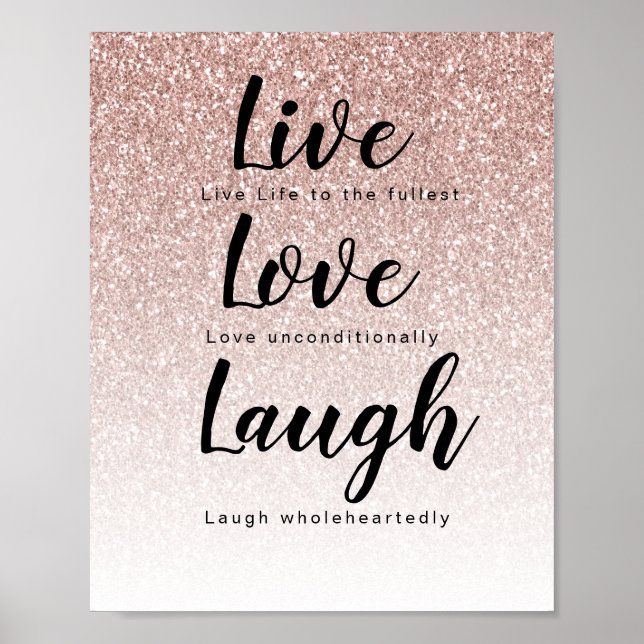 Poster Live Love Laugh Girly Rosa Dourada Tipografia Glit (Frente)