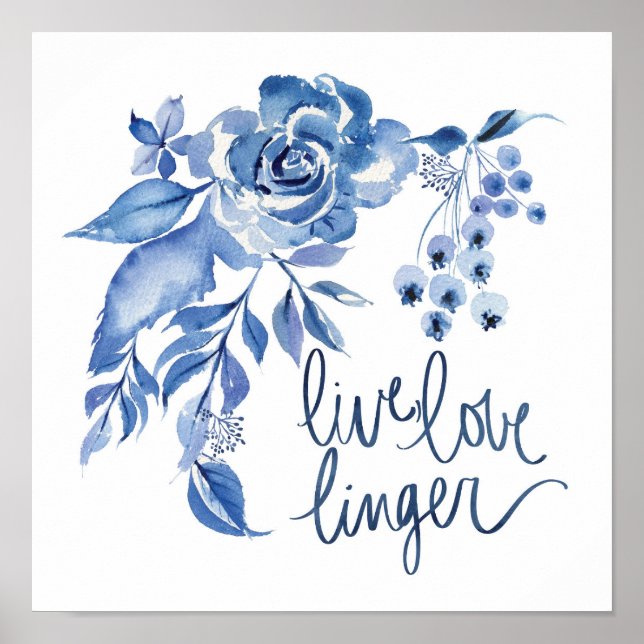 Poster Live Love Linger | Rosa Azul Floral (Frente)