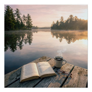 Pôster Livro Aberto Com Café Em Um Cais De Lago