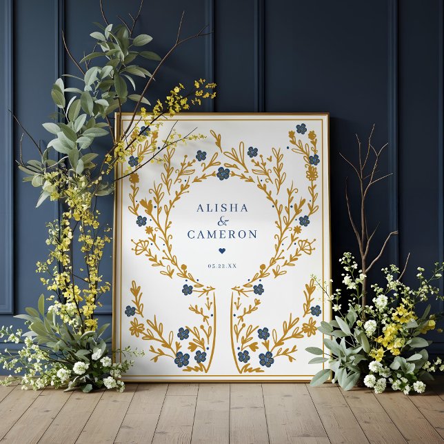 Poster Livro de Convidado de Casamento de Árvore de Impre (Framed Gold Fingerprint Tree Wedding Guest Book)