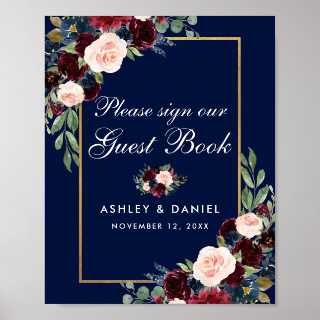 Poster Livro de Convidados Dourado Casamento Floral Azul  (Frente)
