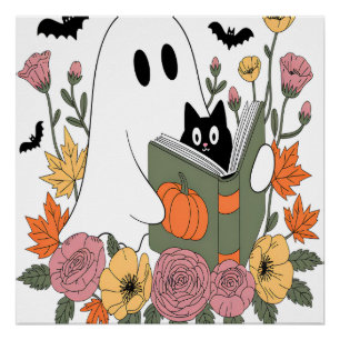 Pôster Livro de Leitura do Fantasma do Halloween Gato