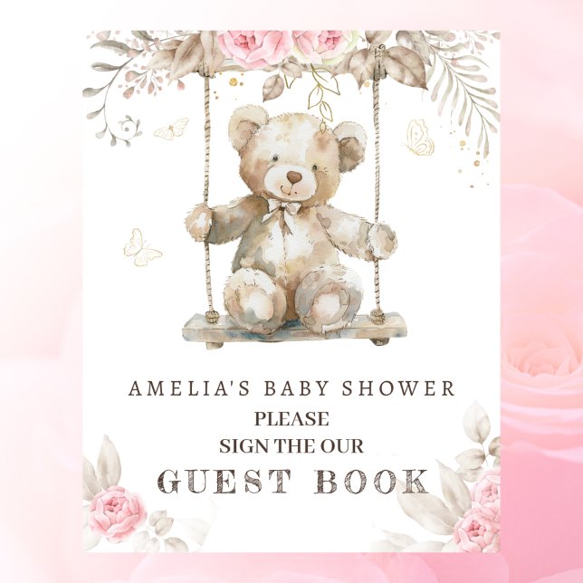 Poster Livro de Presenças para Chá de Bebê Urso Teddy Flo (Criador carregado)