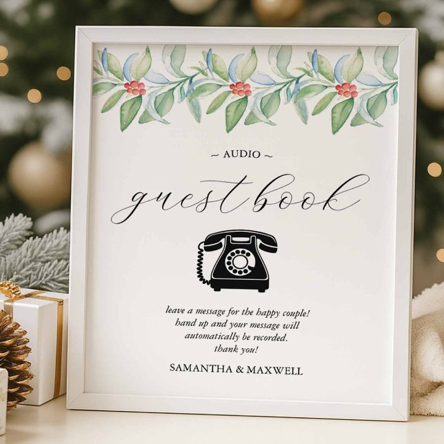 Poster Livro de Presentes de Áudio para Casamento de Inve (Winter wedding audio guestbook sign with watercolor botanicals.)