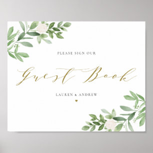 Poster Livro de Registro de Convidados com Folhagens e Fl