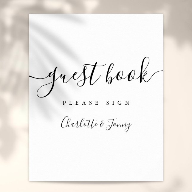 Poster Livro de Registro de Convidados em Script Black An (Black And White Signature Script Guest Book Sign)