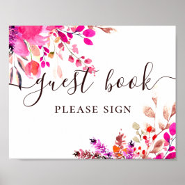 Poster Livro de visitas. Aquarela rosa floral script casa