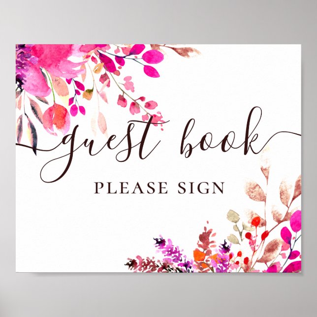 Poster Livro de visitas. Aquarela rosa floral script casa (Frente)
