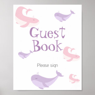 Poster Livro de Visitas Baleia Lilás Rosa Pastel