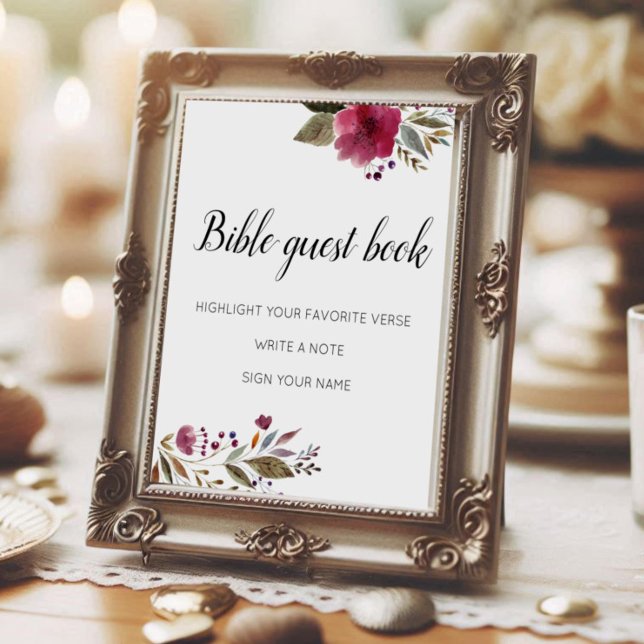 Poster Livro de Visitas Bíblico Casamento Flores Bordeaux (Criador carregado)