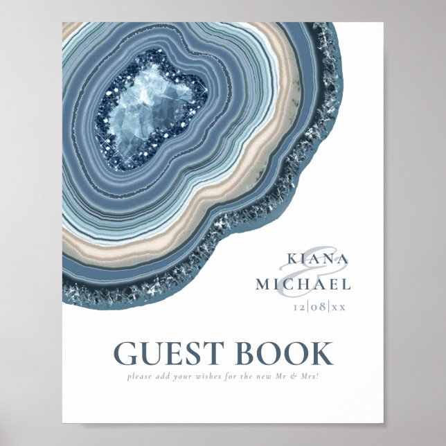 Poster Livro de Visitas Brilhante Geodo de Ágata Azul Clá (Frente)