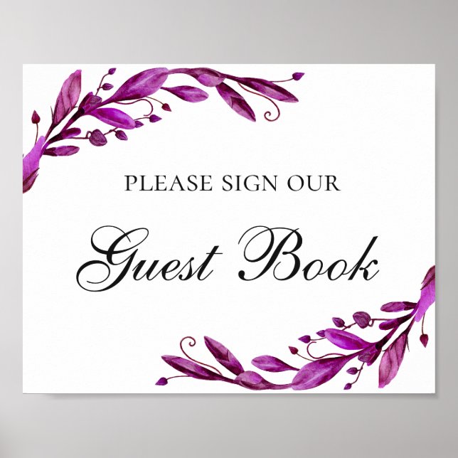 Poster Livro de Visitas. Casamento floral de roxo de Aqua (Frente)