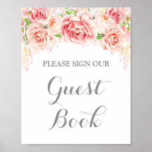 Pôster Livro de Visitas com Flores em Aquarela Rosa