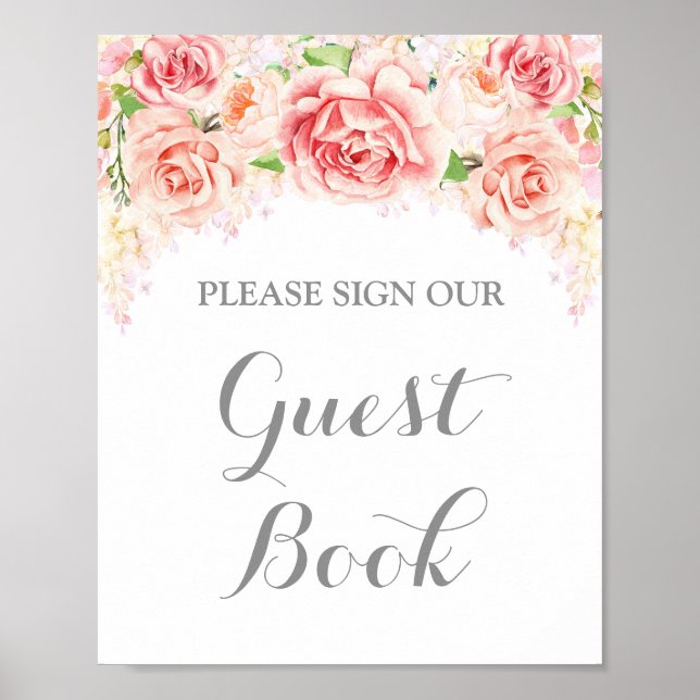Pôster Livro de Visitas com Flores em Aquarela Rosa (Frente)