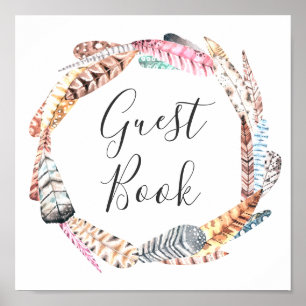 Poster Livro de visitas de casamento Boho. Coroa de penas