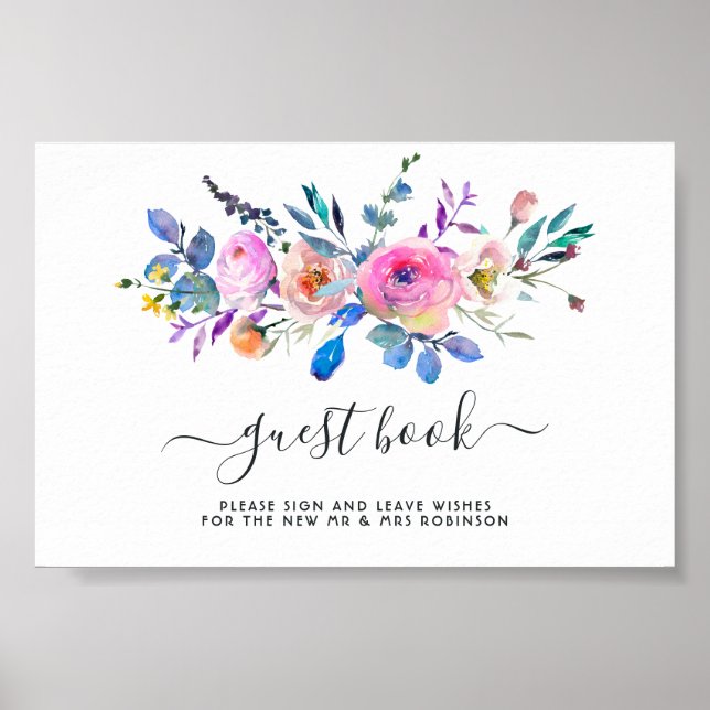 Poster Livro de Visitas de Casamento com Flores em Aquare (Frente)