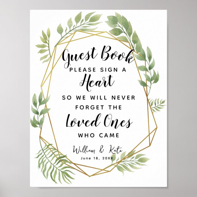 Pôster livro de visitas de casamento coração verde folhag (Frente)