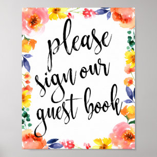 Pôster Livro de Visitas de Casamento Floral Aquarela 8x10