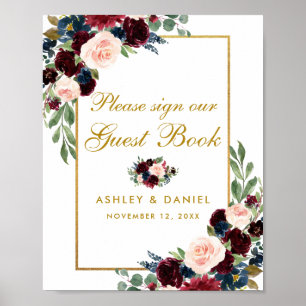 Poster Livro de Visitas de Casamento Floral Azul Borgonha