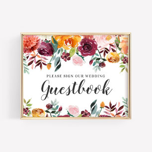 Poster Livro de Visitas de Casamento Floral Rosa Borgonha