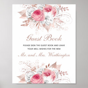 Poster Livro de Visitas de Casamento Floral Rosa Branco D