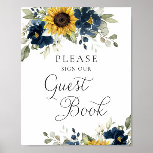 Poster Livro de Visitas de Casamento Girassóis Verde Navy