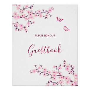 Pôster Livro de Visitas de Casamento Rosa Flor de Cerejei