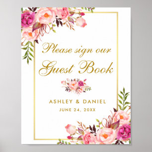 Poster Livro de Visitas de Casamento Rosa Floral Dourado