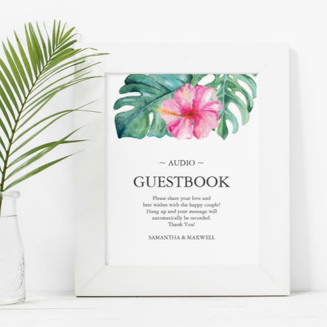 Poster Livro de visitas de casamento tropical por telefon (Tropical destination wedding decor feature pink hibiscus flower palm leaf art Victoria Grigaliunas)