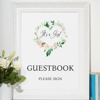 Poster Livro de Visitas de Chá de Bebê Floral Rosa 