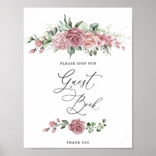 Poster Livro de Visitas de Chá de Noiva com Flores Rosa E