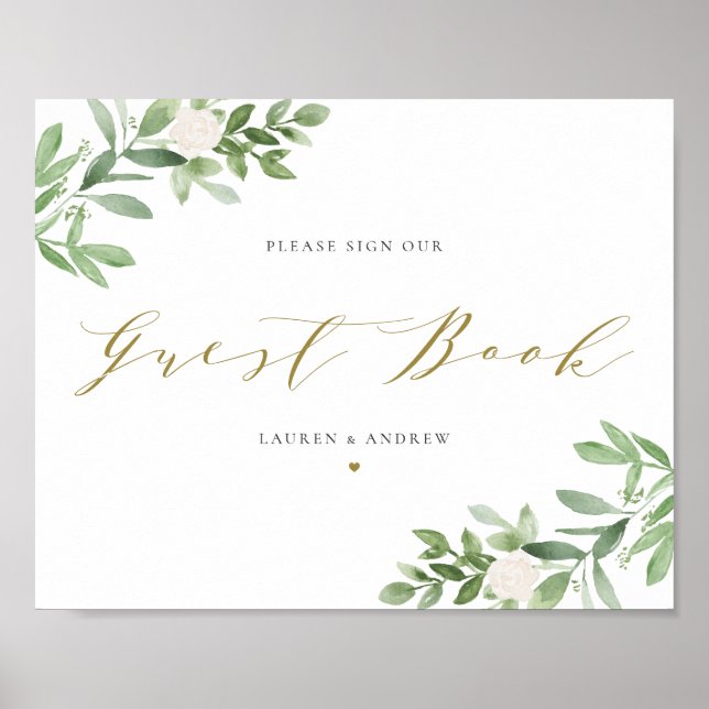 Poster Livro de Visitas de Folhagens e Flores Brancas em  (Frente)