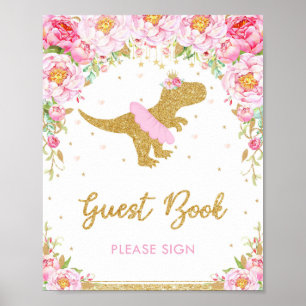 Poster Livro de Visitas do Dinosaurio Floral para Festa d