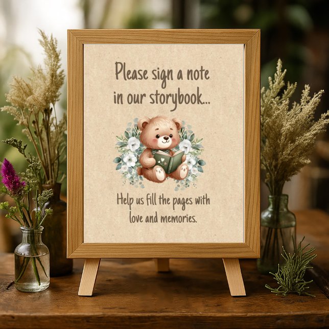 Poster Livro de Visitas do Ursinho de Contos de Fadas (Storybook teddy bear baby shower "Sign our guestbook" poster)
