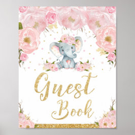 Poster Livro de Visitas Elefante Floral Rosa Sinal de Chá