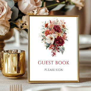 Poster Livro de Visitas Floral Outono Borgonha para Mesa 