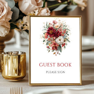 Poster Livro de Visitas Floral Outono Vermelho Intenso 8x